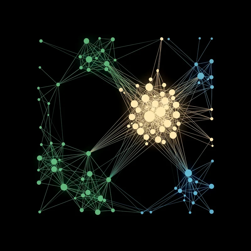 Zentimes brand illustration: scattered nodes from which a connected cluster emerges, the signal that gets cited.